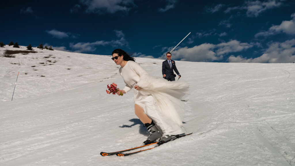 Rachael and Hugo, the skiing bride and groom 